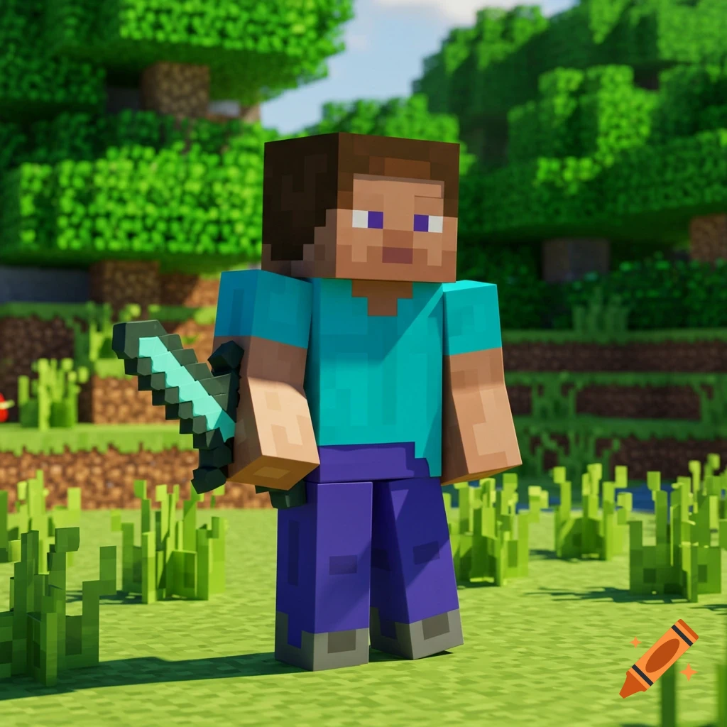 Minecraft character Steve holds a sword in a blocky landscape.