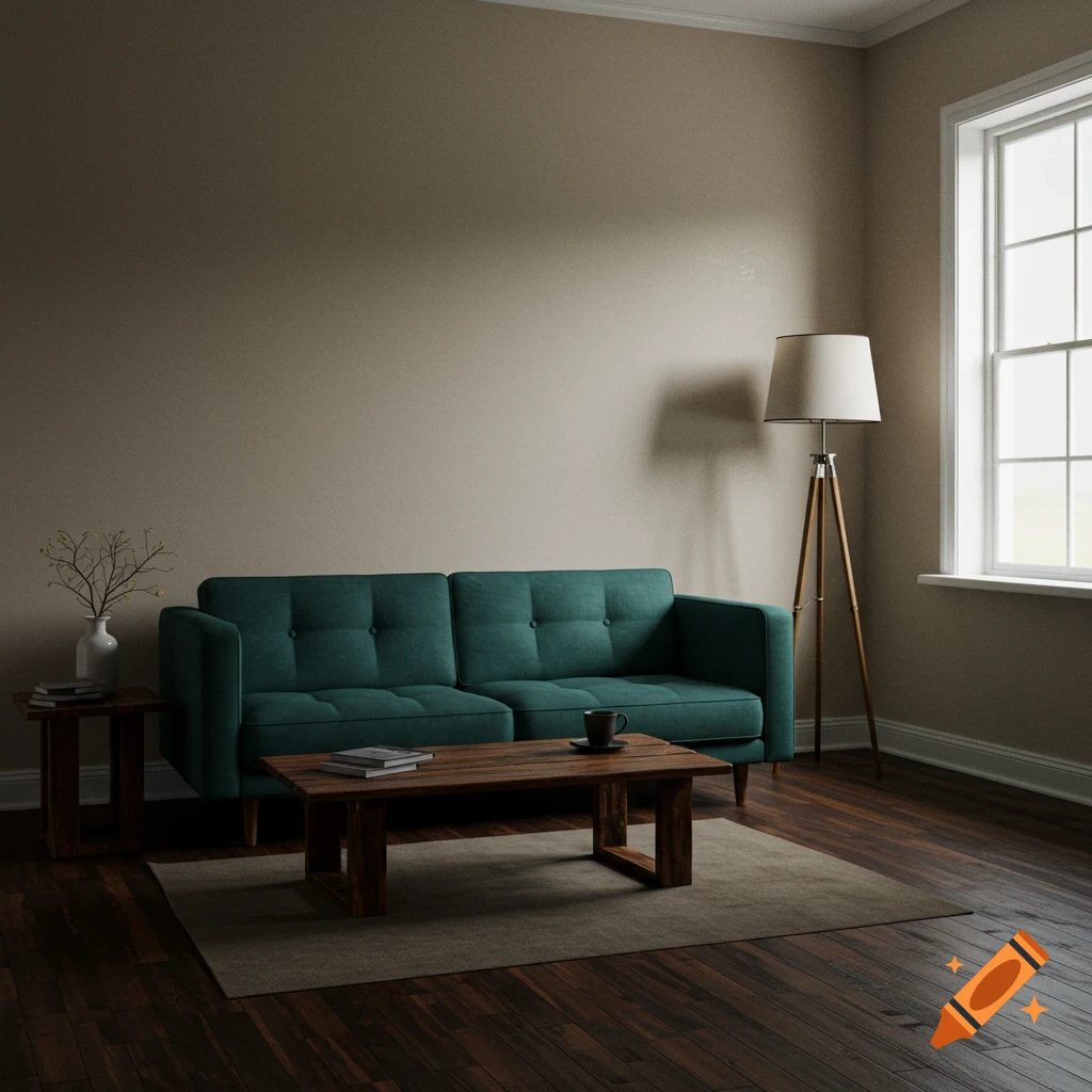 A room with a teal sofa, wooden coffee table, floor lamp, and window.