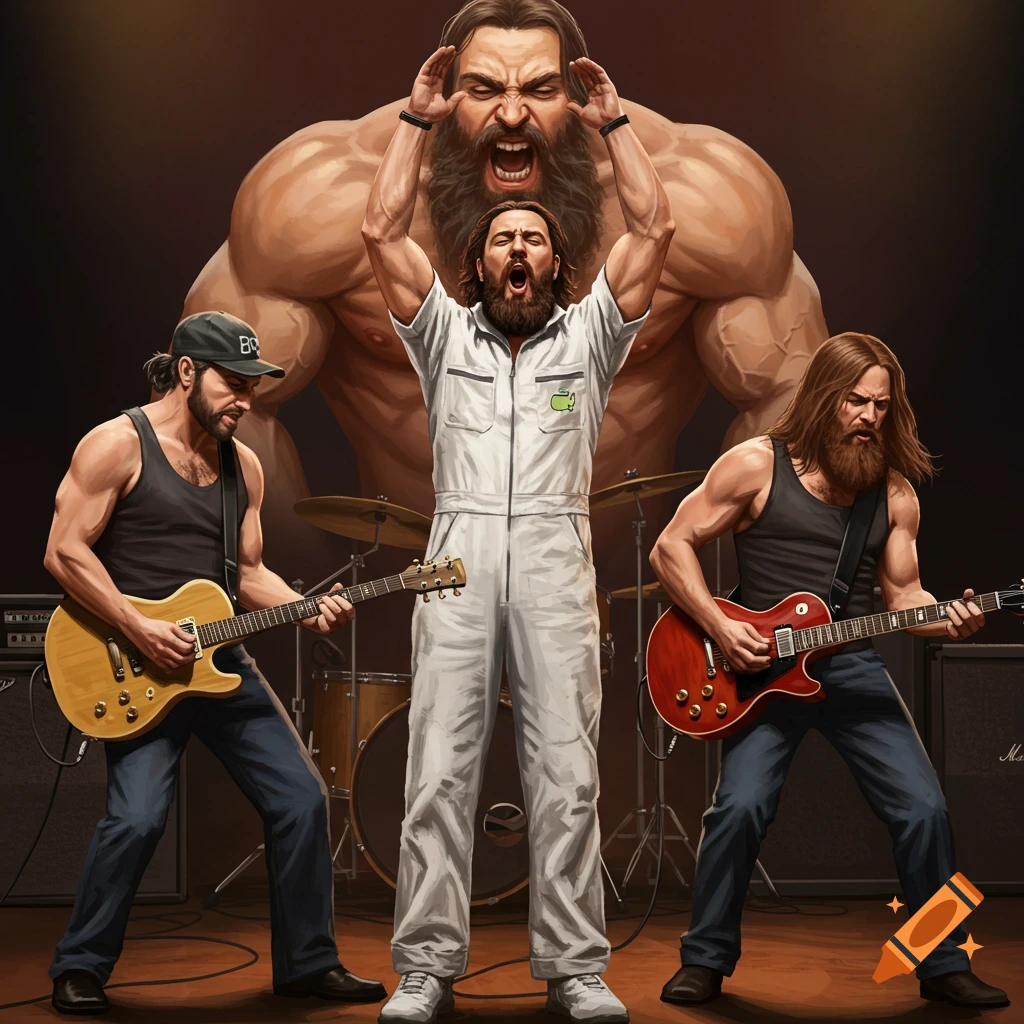 A band plays on stage with a giant figure behind them.