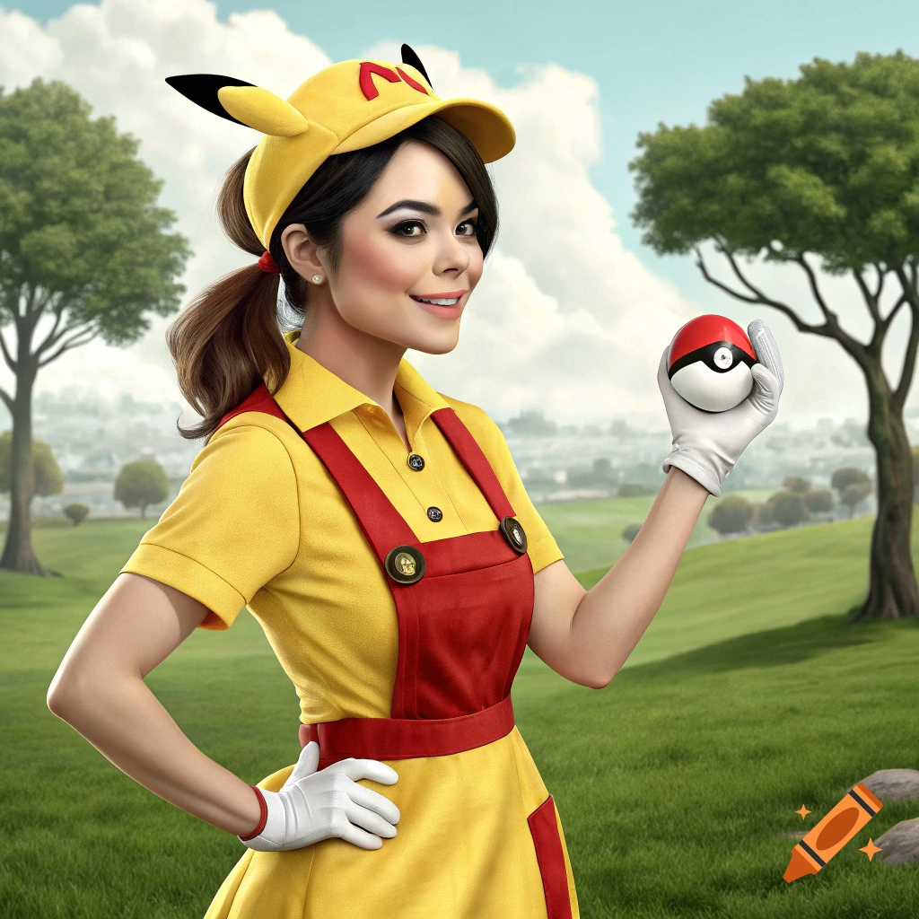 Woman cosplaying as Misty from Pokemon with a Pikachu hat, holding a Pokeball outdoors