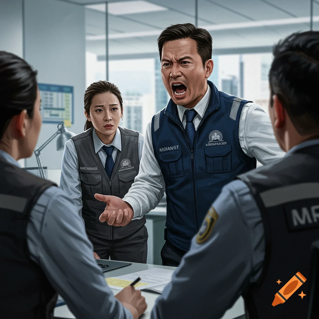 A man yelling at two other managers in an office meeting.