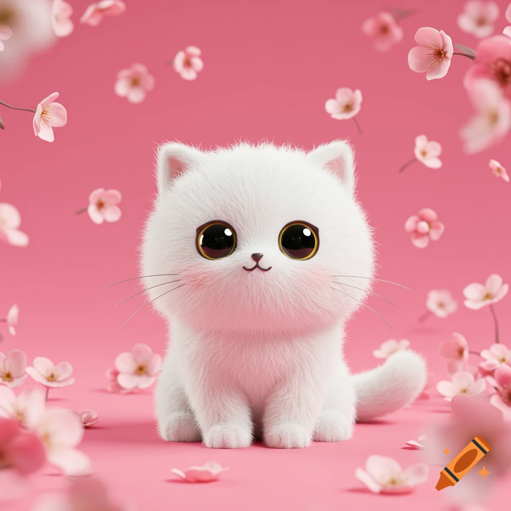 A cute white cartoon cat with big eyes sits on a pink surface surrounded by pink flowers.