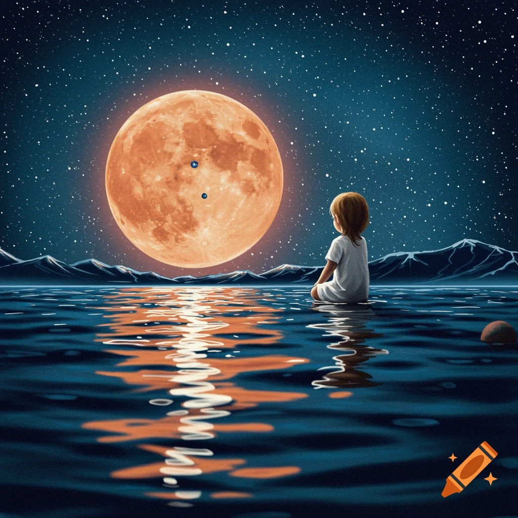 A child sits in water looking at a large orange moon over mountains at night.
