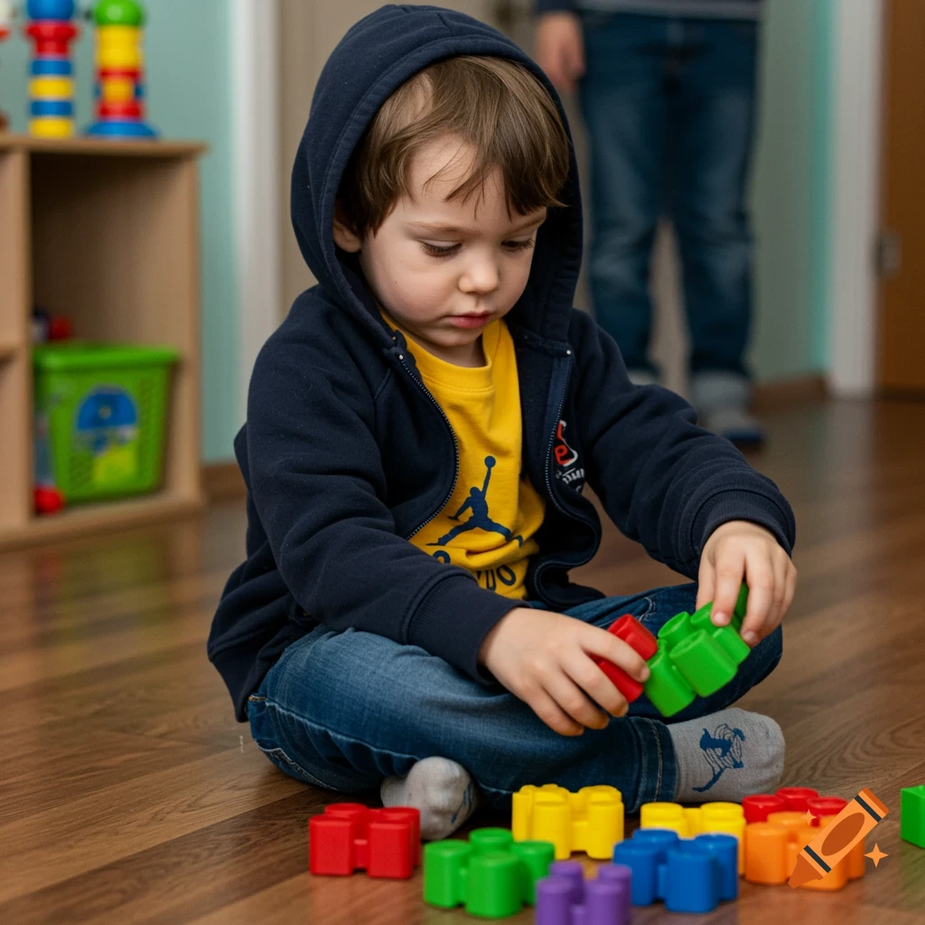 Young boy playing with colorful building blocks on the floor