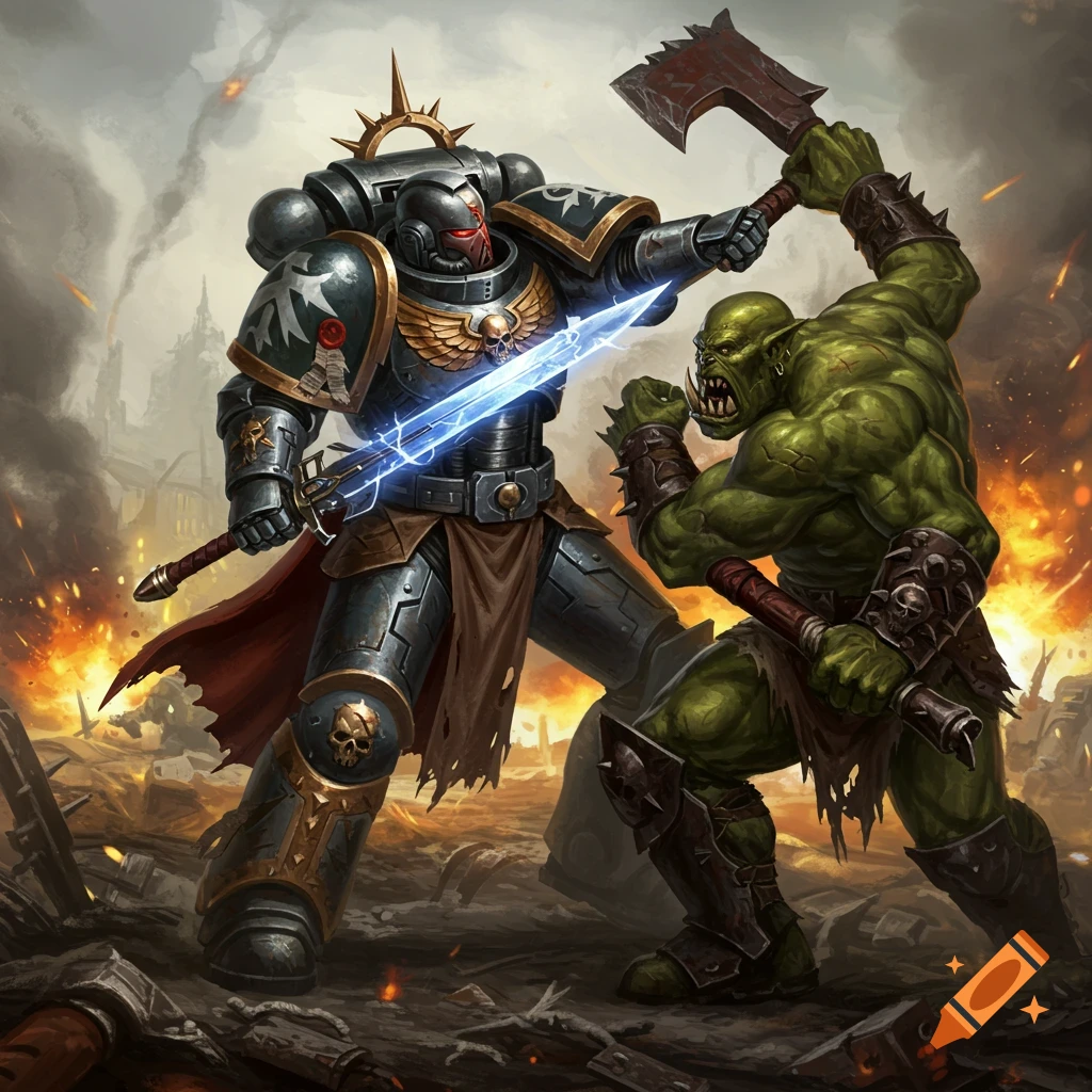 A Space Marine fights an orc in a battle.