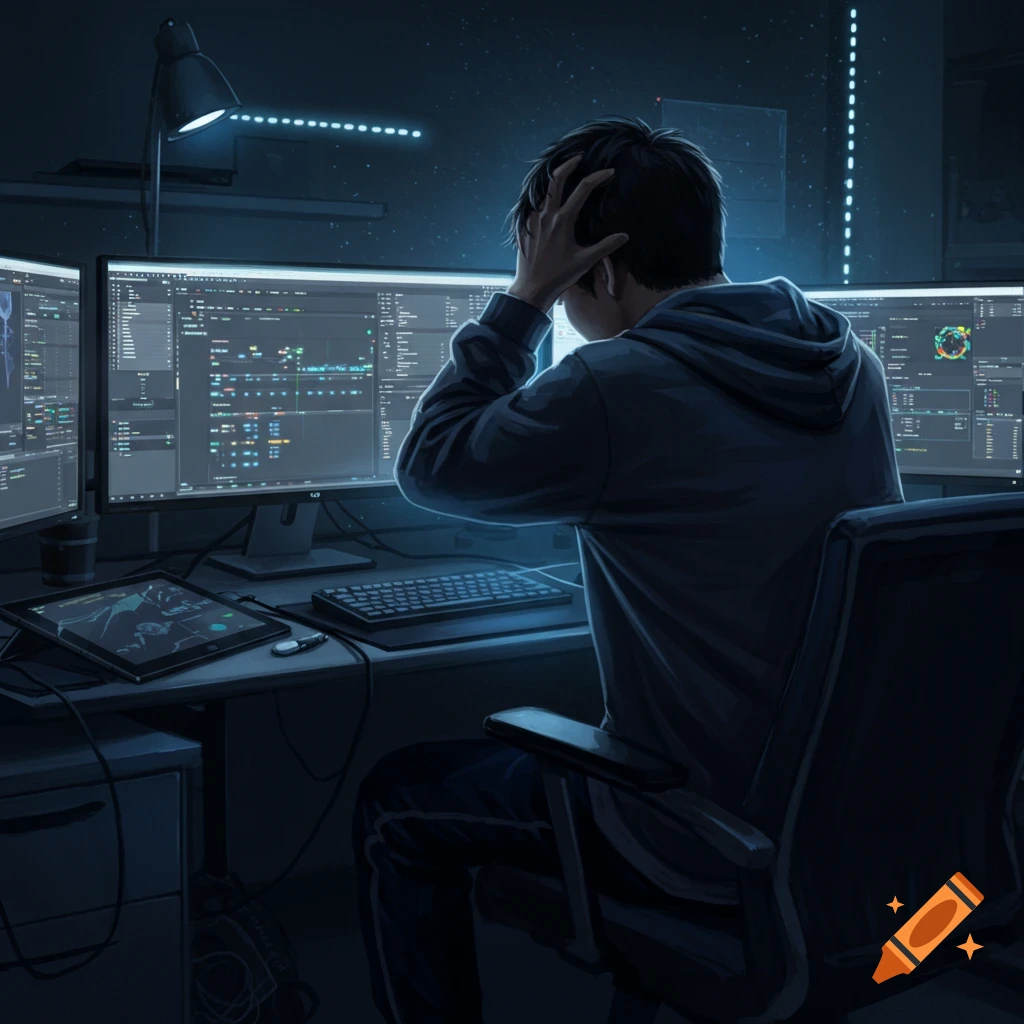 A stressed person coding on multiple monitors.