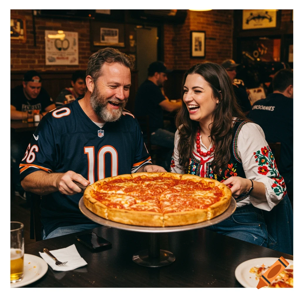 A man in a Chicago Bears jersey and a woman in Polish clothing laugh while holding a large pizza in a restaurant.