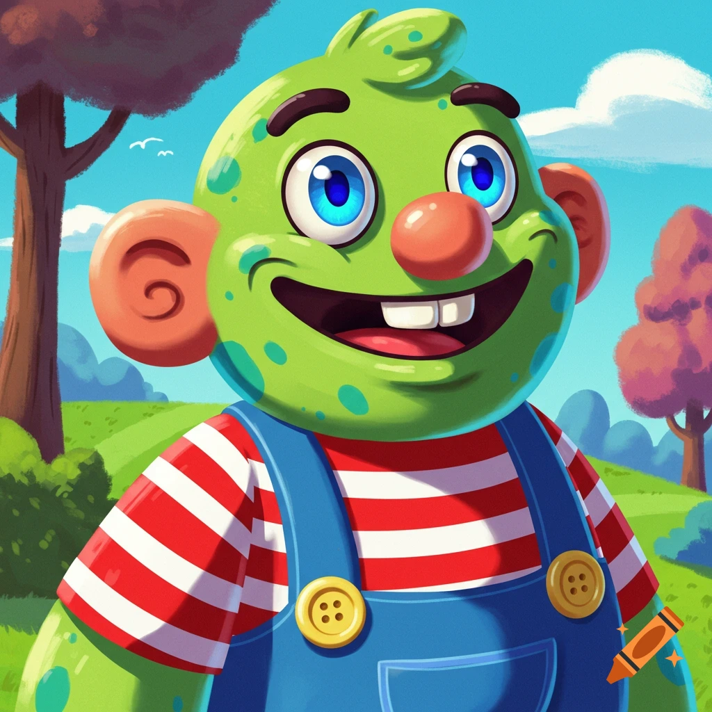 A green monster character with blue eyes, red nose, striped shirt, and blue overalls in a grassy field.