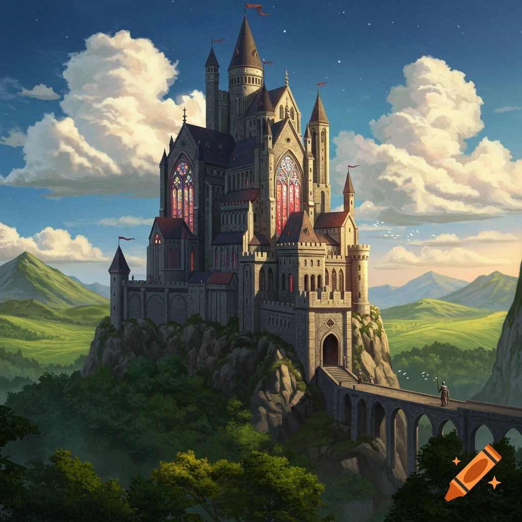 A grand fantasy castle on a rocky hill surrounded by green valleys under a starry sky.