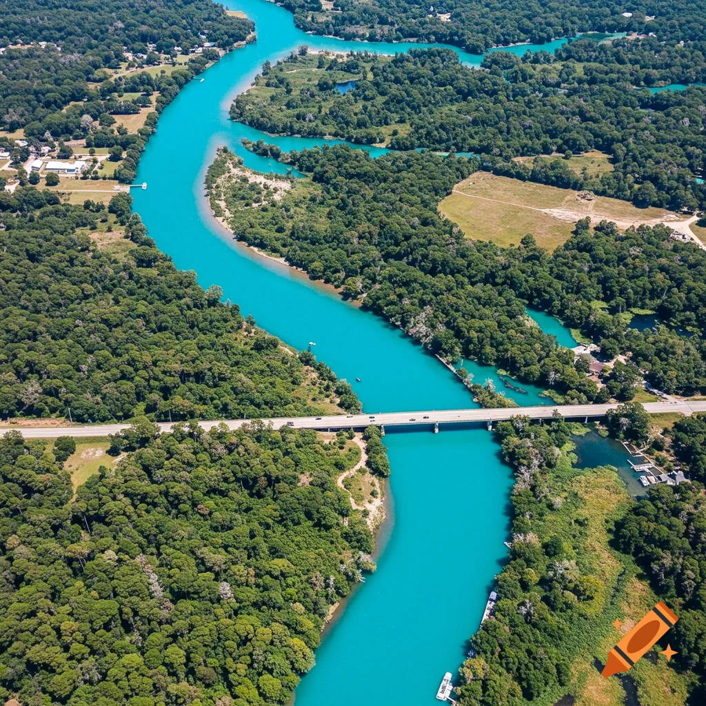 Aerial view of a vibrant blue river winding through lush green forests with a bridge crossing over it.