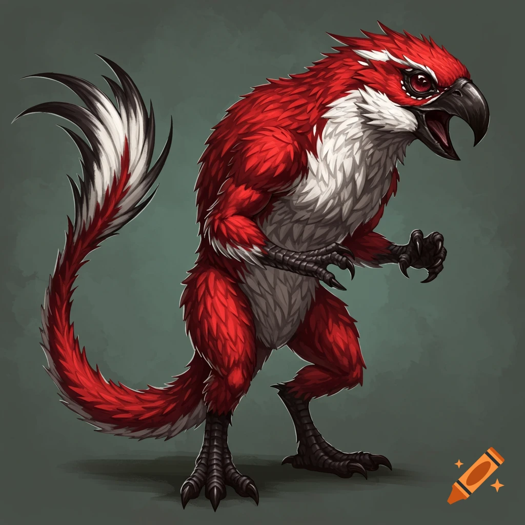 A bipedal red, white, and black creature with feathers, claws, and a tail.