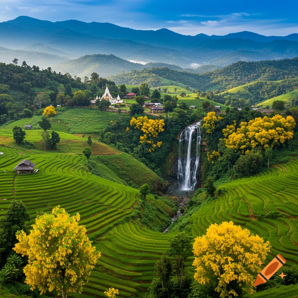 Green rice terraces and a waterfall in a mountainous landscape with yellow trees and a white temple.