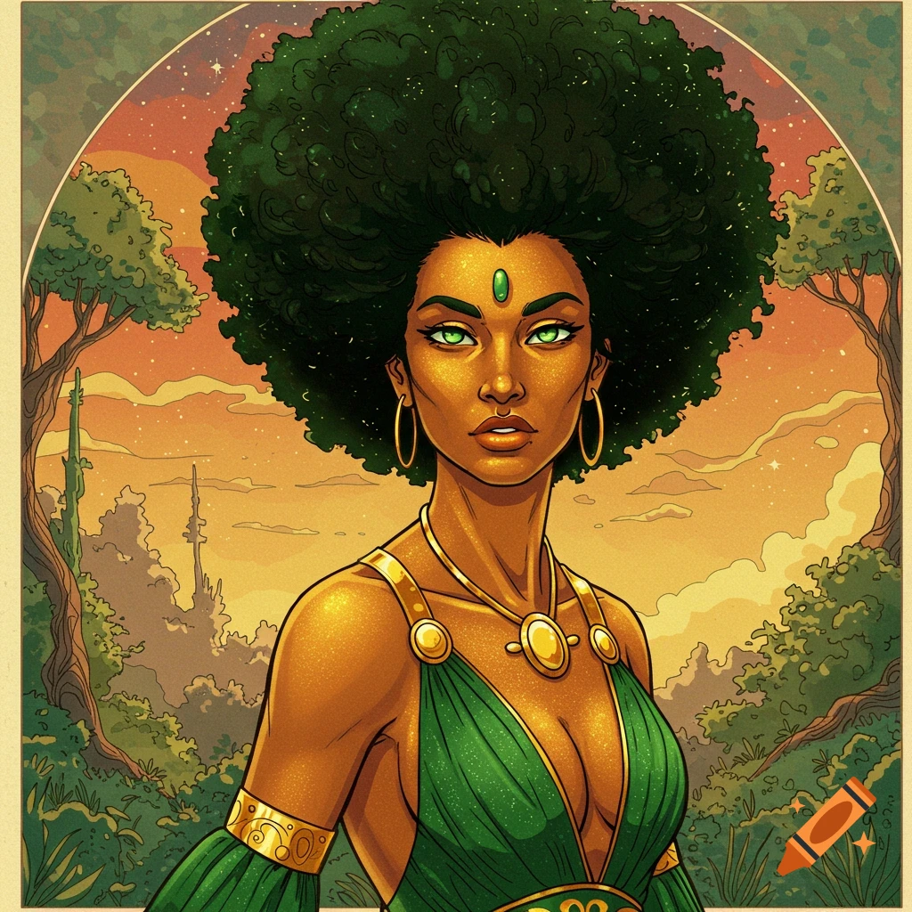 A woman with a large afro and green dress in a fantasy landscape