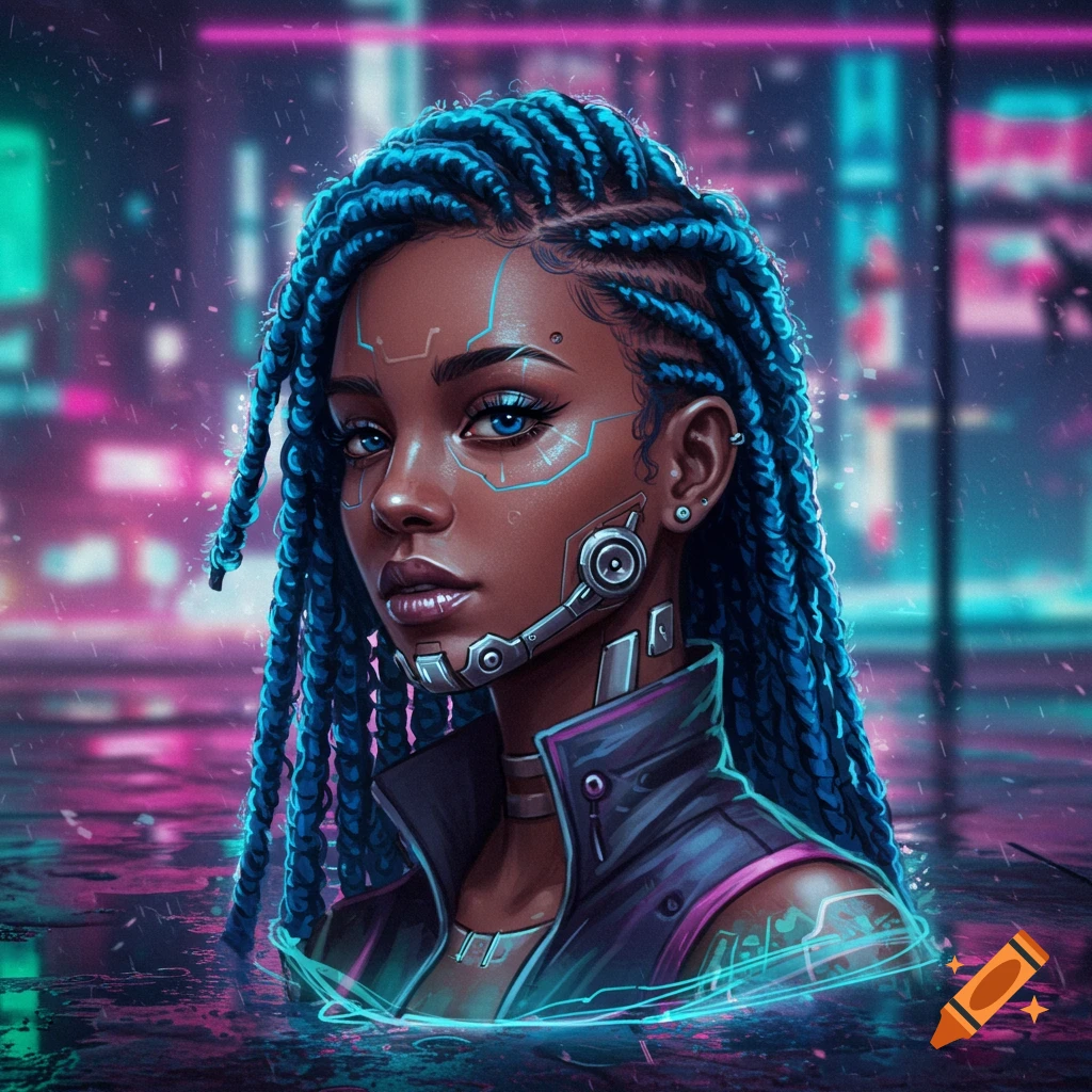 A Black woman with blue braids and cybernetics stands in a rainy cyberpunk city.