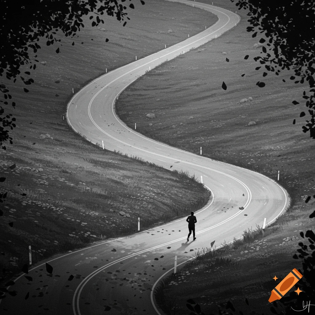 A black and white image of a runner on a winding road