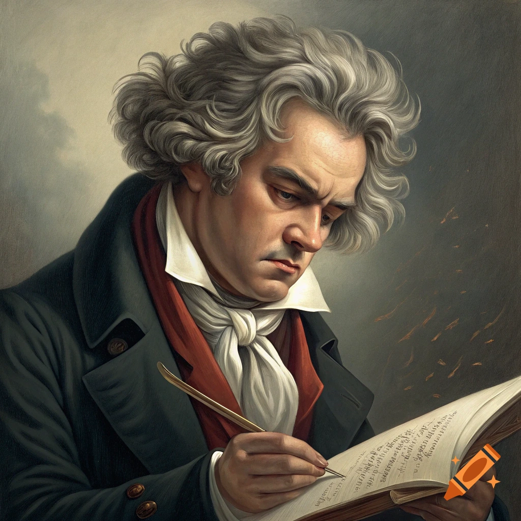 Portrait of Ludwig van Beethoven writing music with a quill pen.