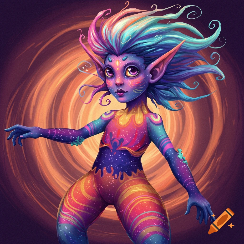 A colorful fantasy creature with large ears and vibrant hair against an orange spiral background.