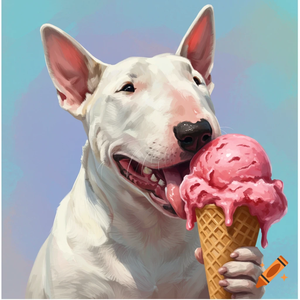 A bull terrier happily licking a large pink ice cream cone