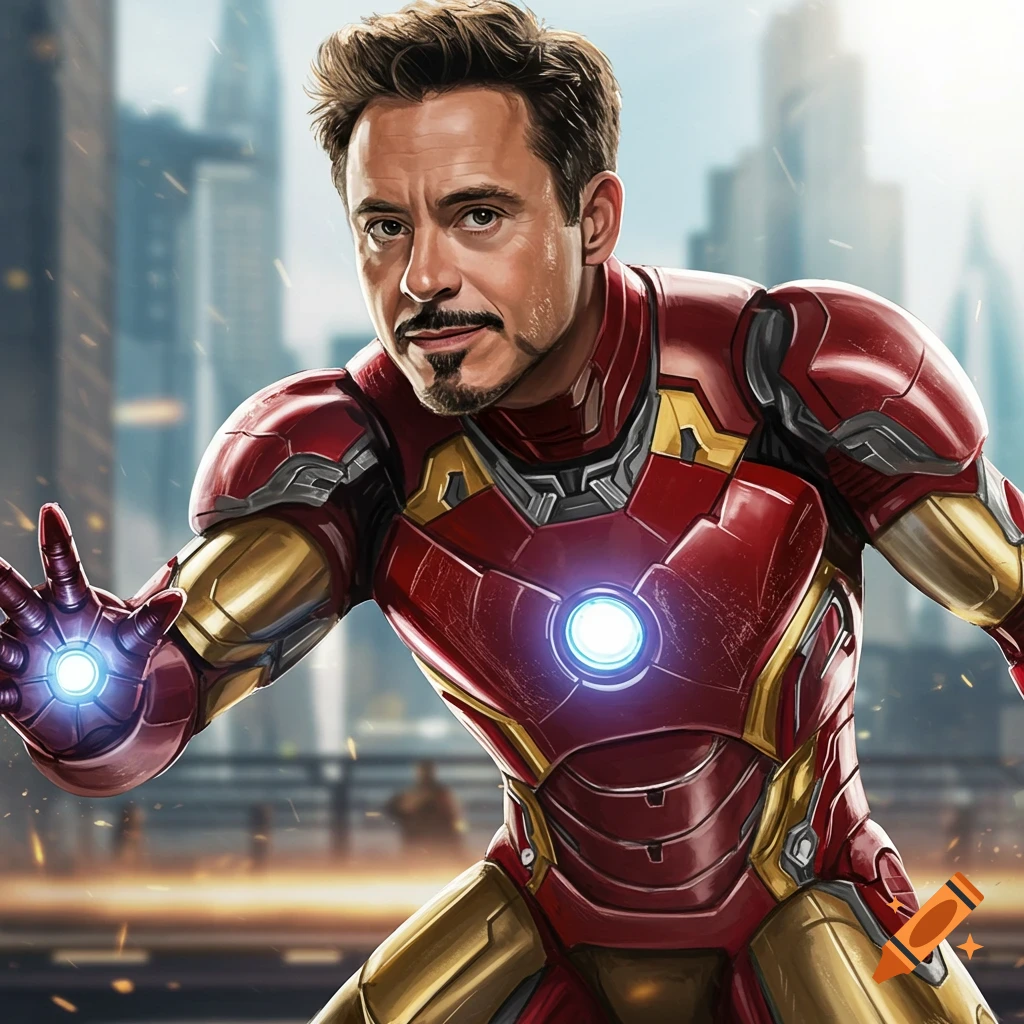 Iron Man/Tony Stark in his suit against a blurred city skyline.