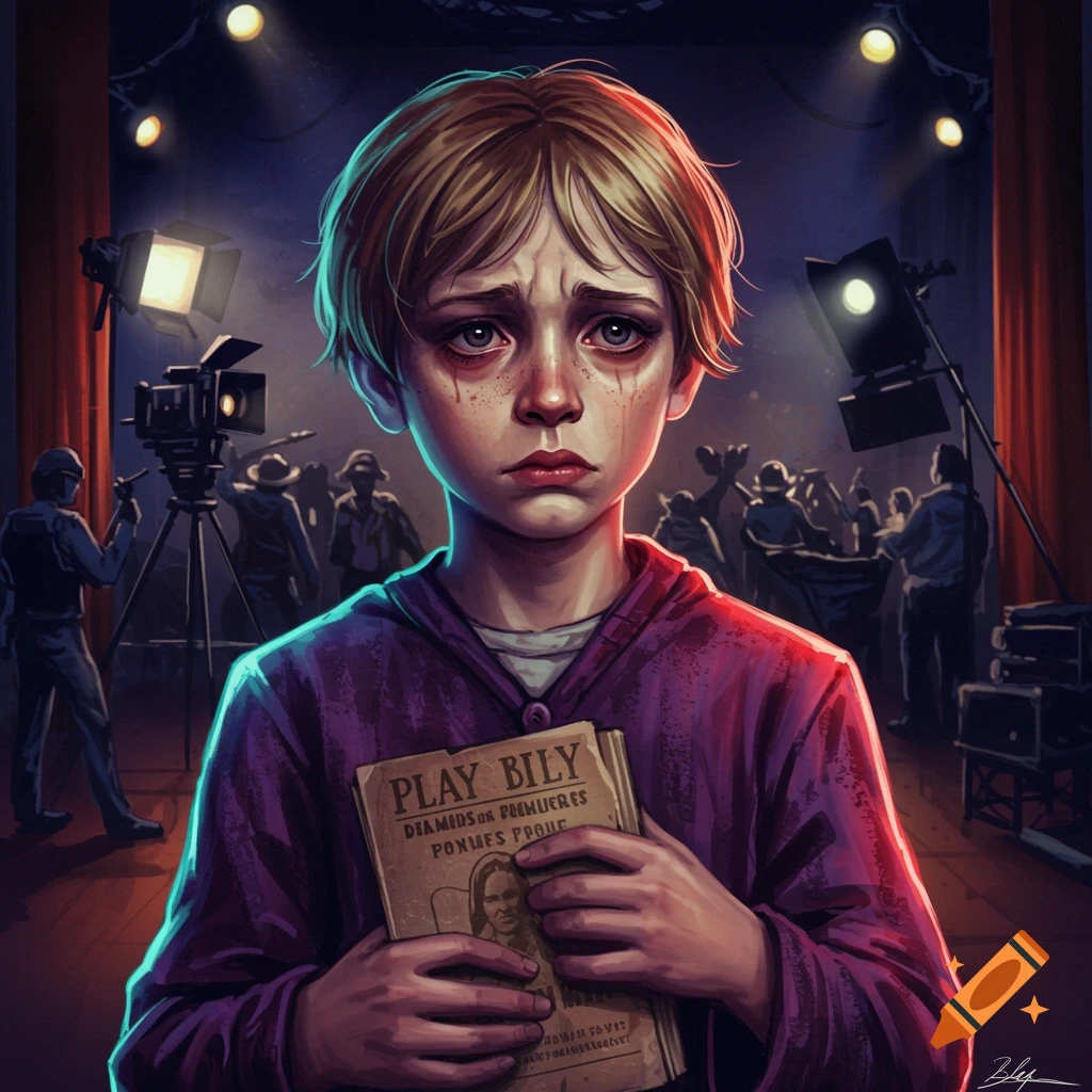 A crying child actor holds a book while standing on a stage.