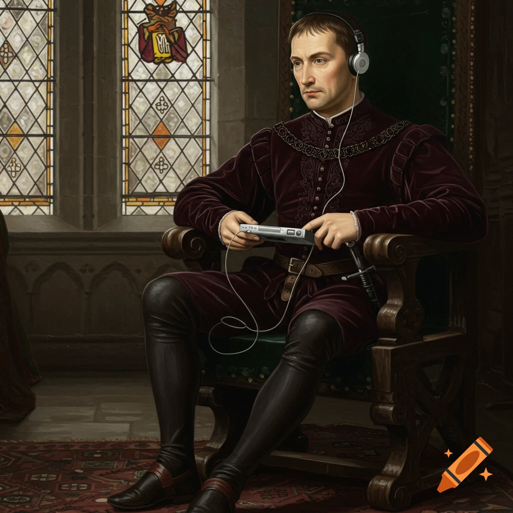 A man in historical clothes sits in a chair, wearing headphones and holding a music player.