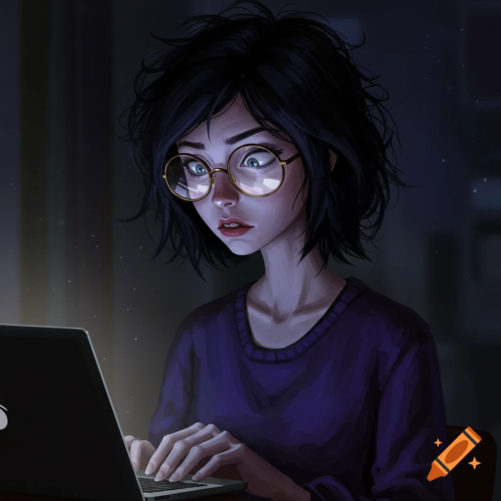 A woman with glasses is working on a laptop in the dark.