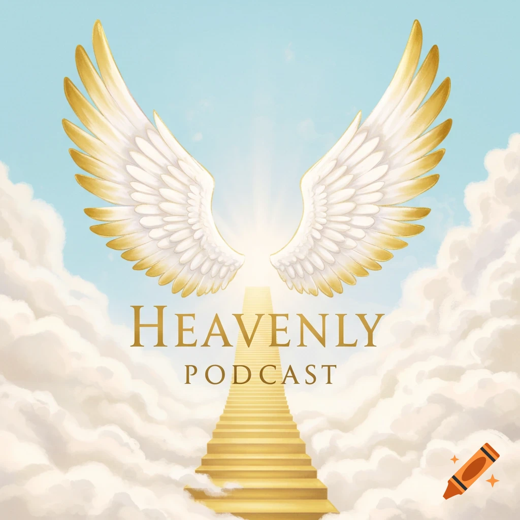 Logo with golden stairs through clouds, ascending towards light, framed by white wings.