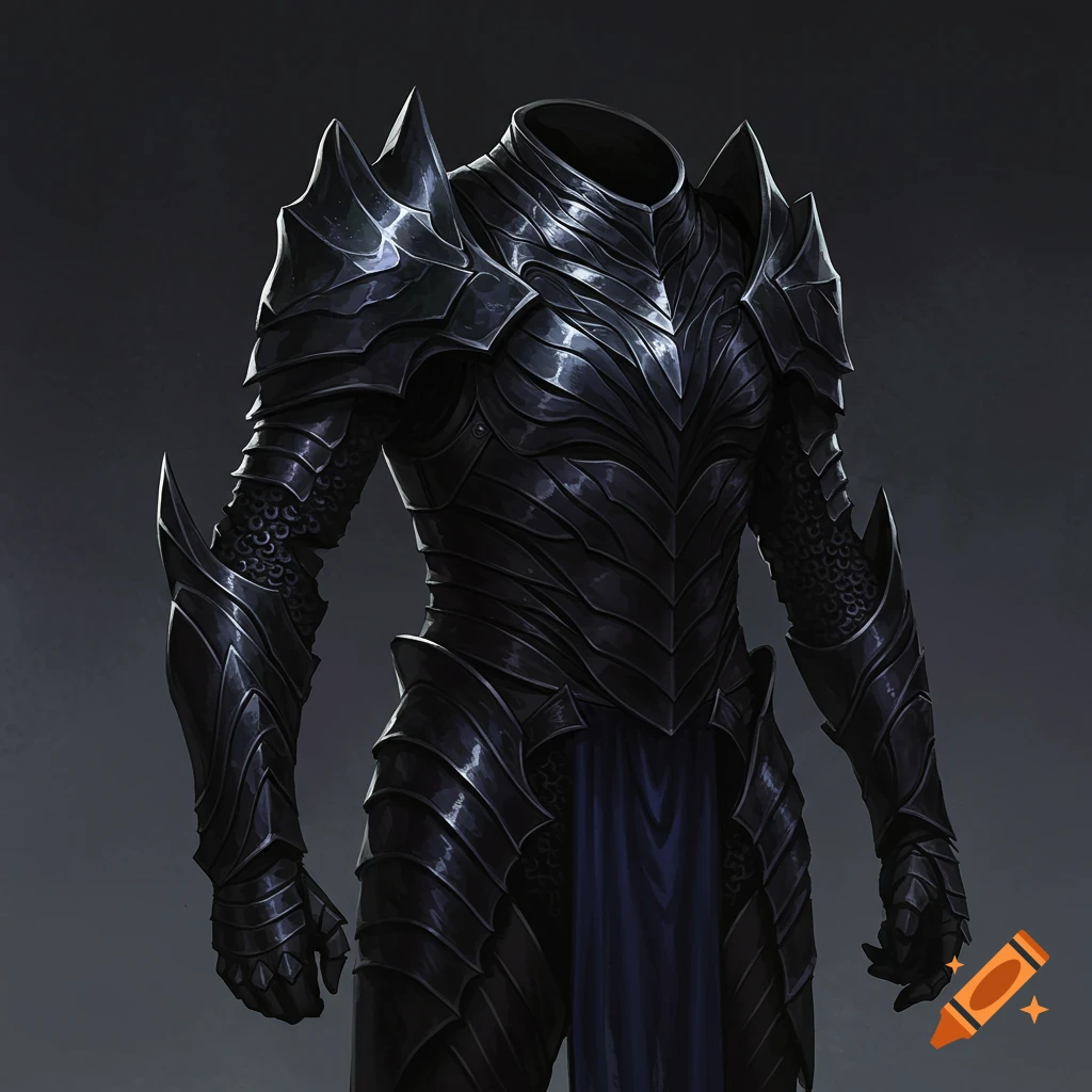 A headless figure wearing spiky black fantasy armor.