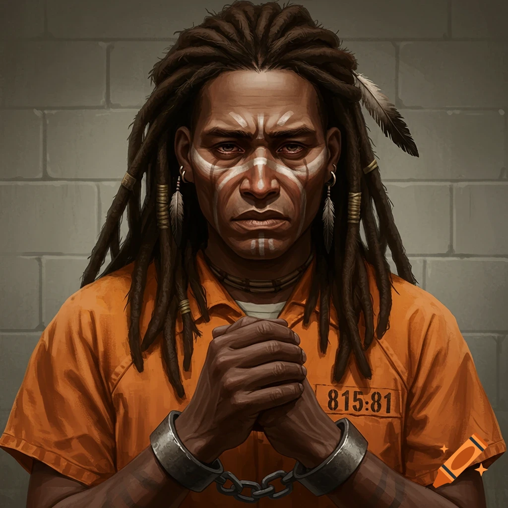 A Native American man with dreadlocks and war paint is depicted in an orange prison uniform and handcuffs, standing against a brick wall.