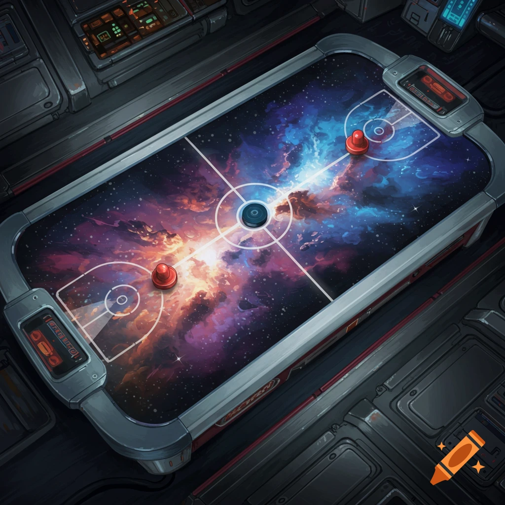 Top-down view of an air hockey table with a cosmic nebula rink design.