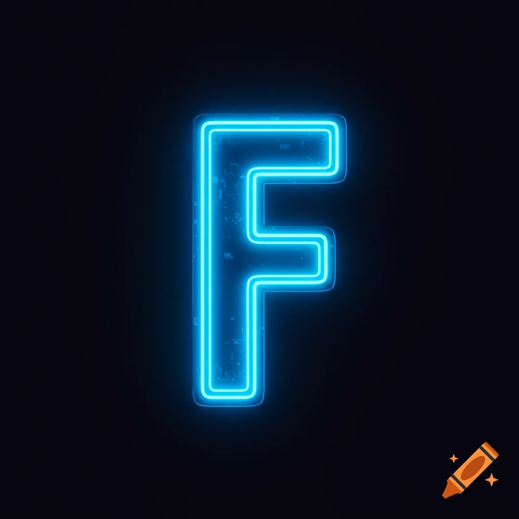 A bright blue neon sign shaped like the letter F on a black background.