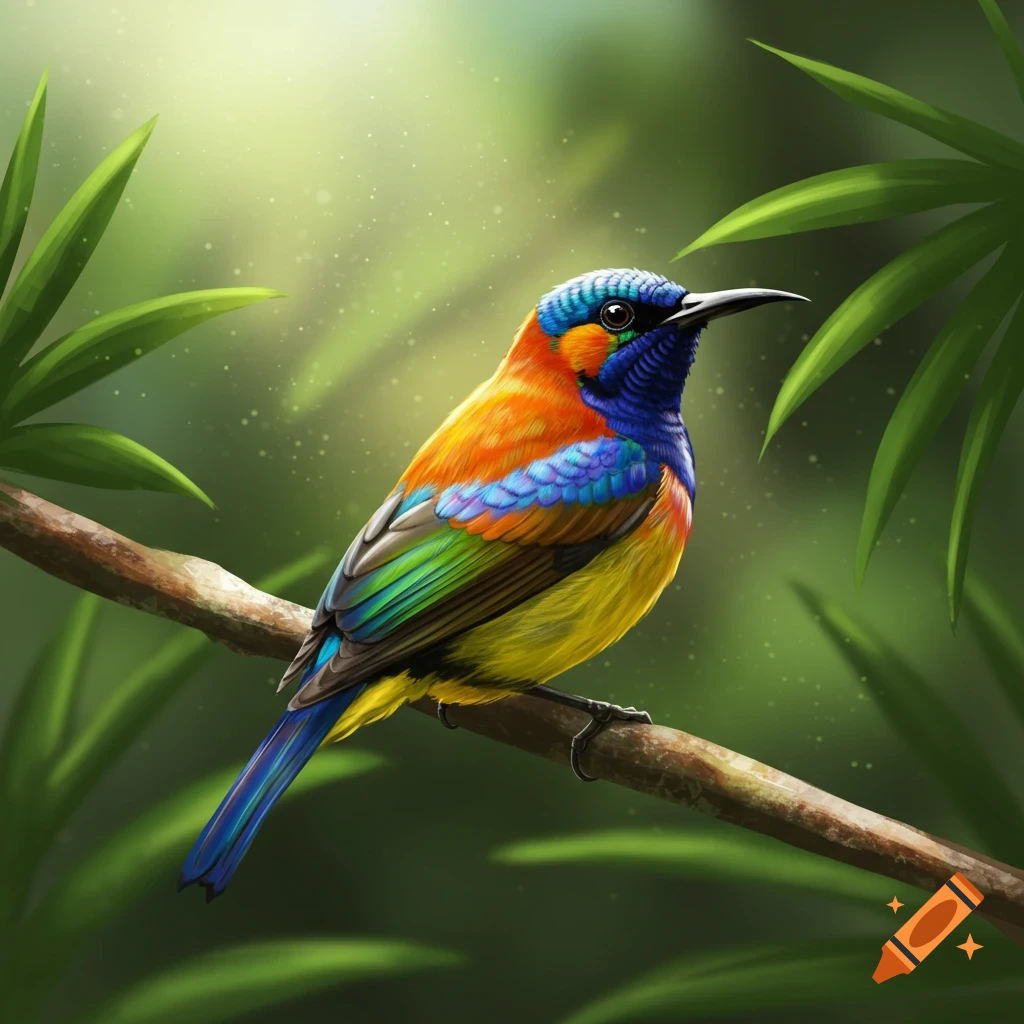 A vibrant multi-colored bird perches on a branch.