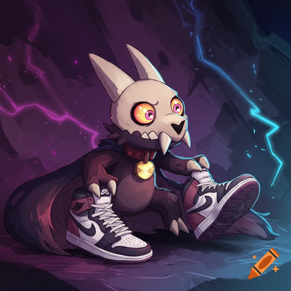A stylized depiction of King Clawthorne from The Owl House sitting with a pair of Air Jordan sneakers, set against a background of purple and blue lightning.