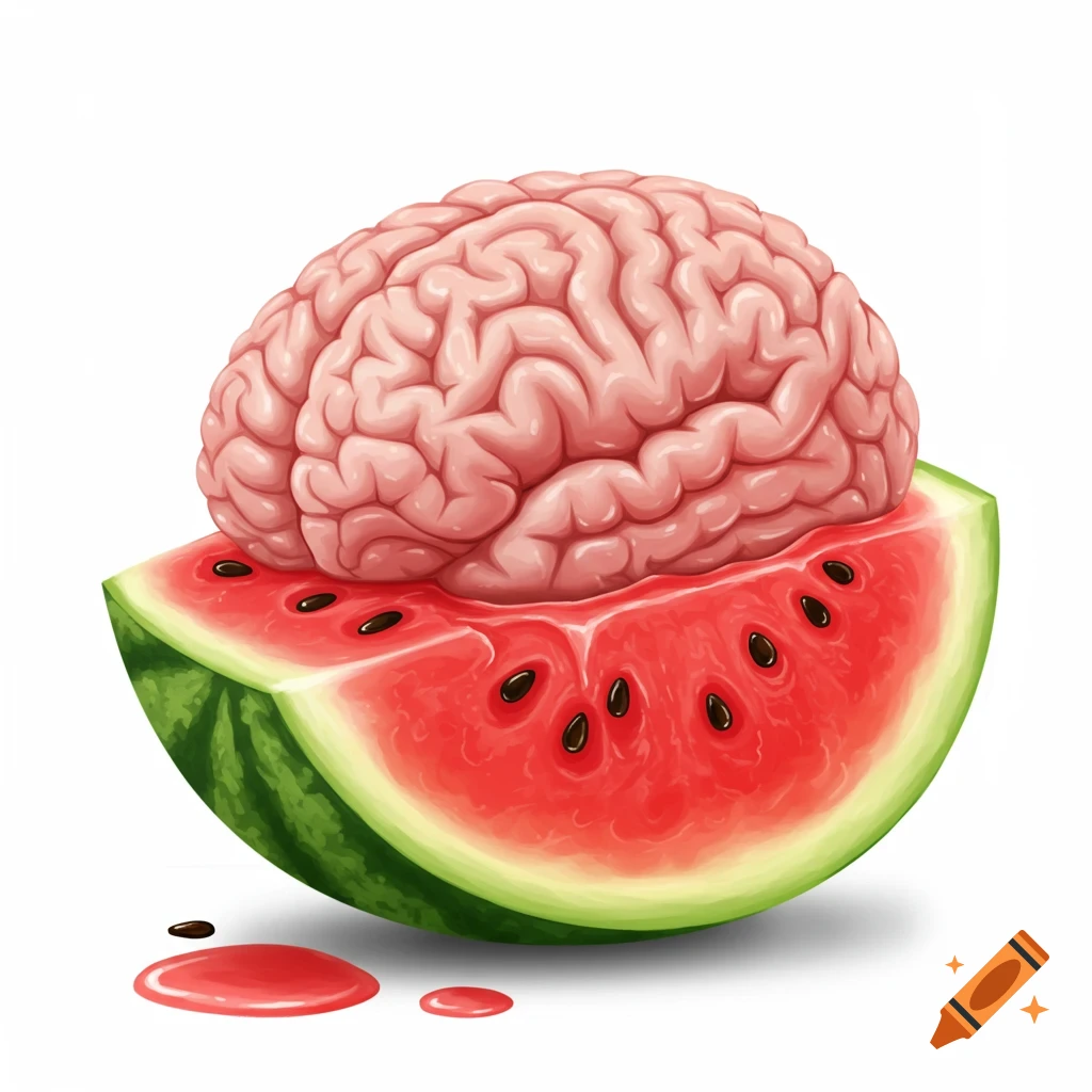 A brain on a watermelon slice with red liquid.