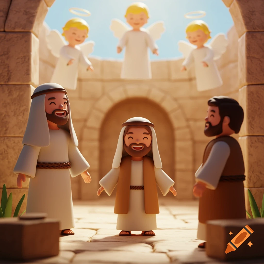 A 3D rendering of figures resembling biblical characters and angels standing under an archway.