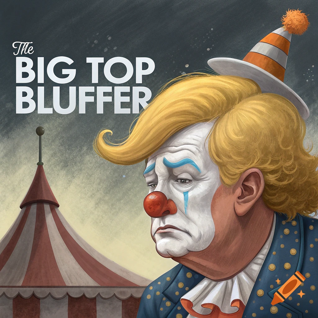 Illustration of a sad clown resembling Donald Trump in front of a circus tent, with text 'The Big Top Bluffer'.
