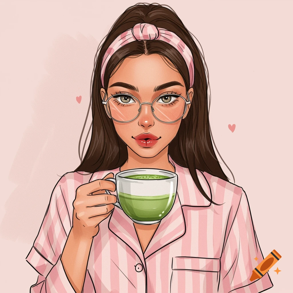 An illustration of a girl in pajamas and glasses, wearing a headband and holding a cup of matcha.