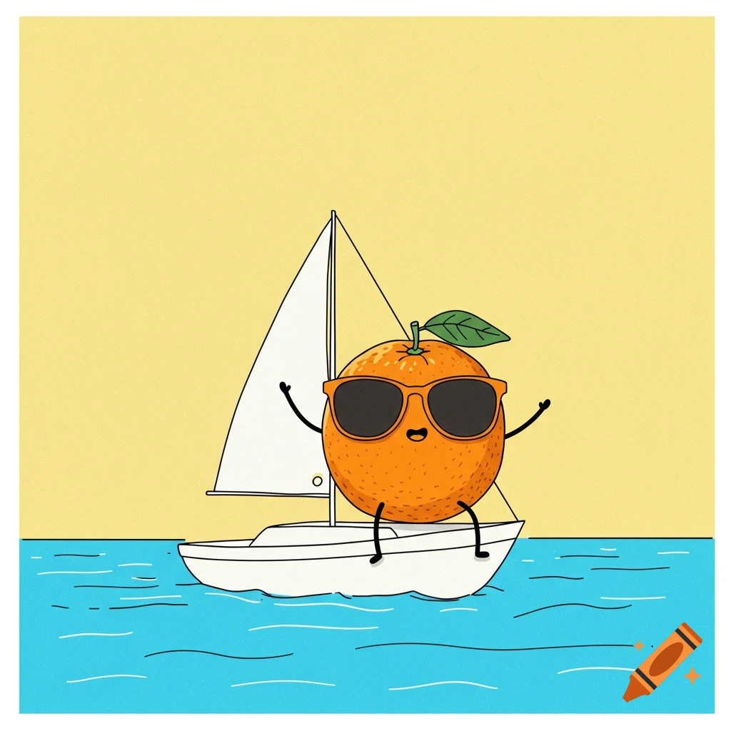 Minimalistic drawing of a cartoon orange wearing sunglasses on a sailboat.