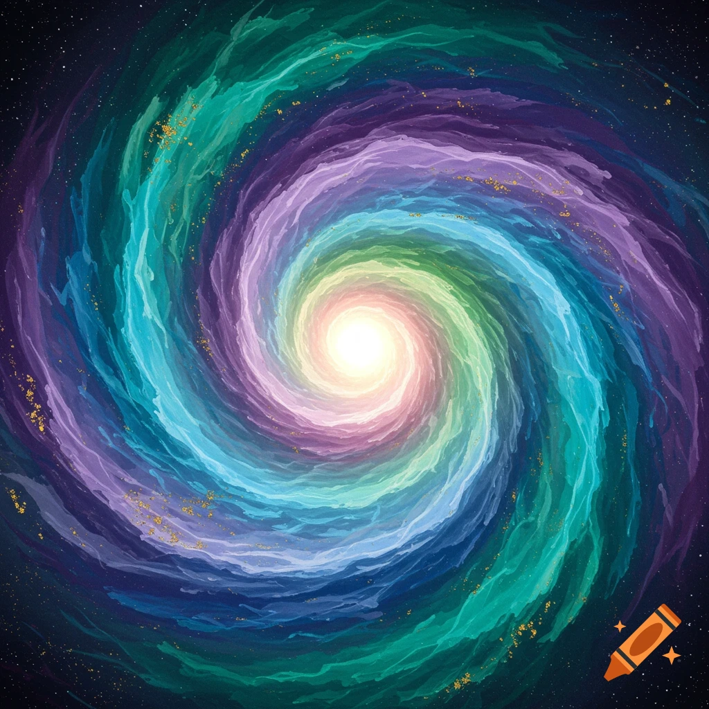 A vibrant, swirling galaxy in shades of purple, blue, and green, with a bright center and gold dust.