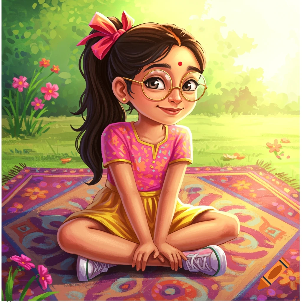 A young Indian girl with glasses is sitting on a colorful rug outdoors.