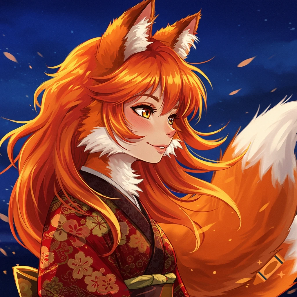 Profile of a fox girl in a kimono.
