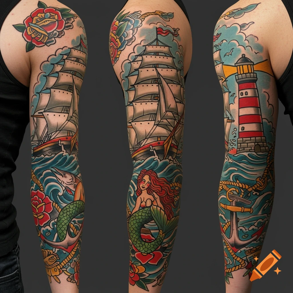 Full arm sleeve tattoo in traditional style featuring a ship, mermaid, lighthouse, and nautical elements like an anchor and rope.