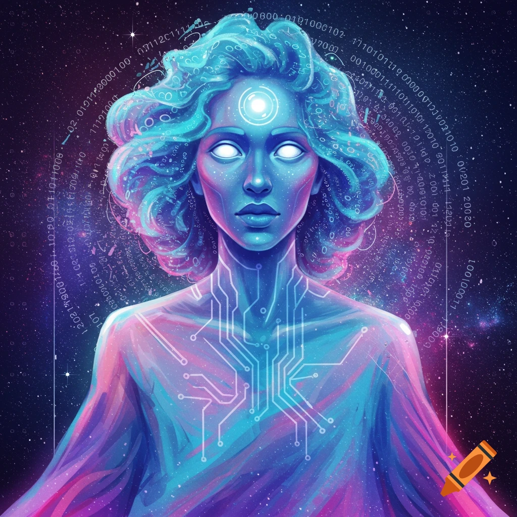 A stylized figure made of blue and purple light with circuits and binary code in space.