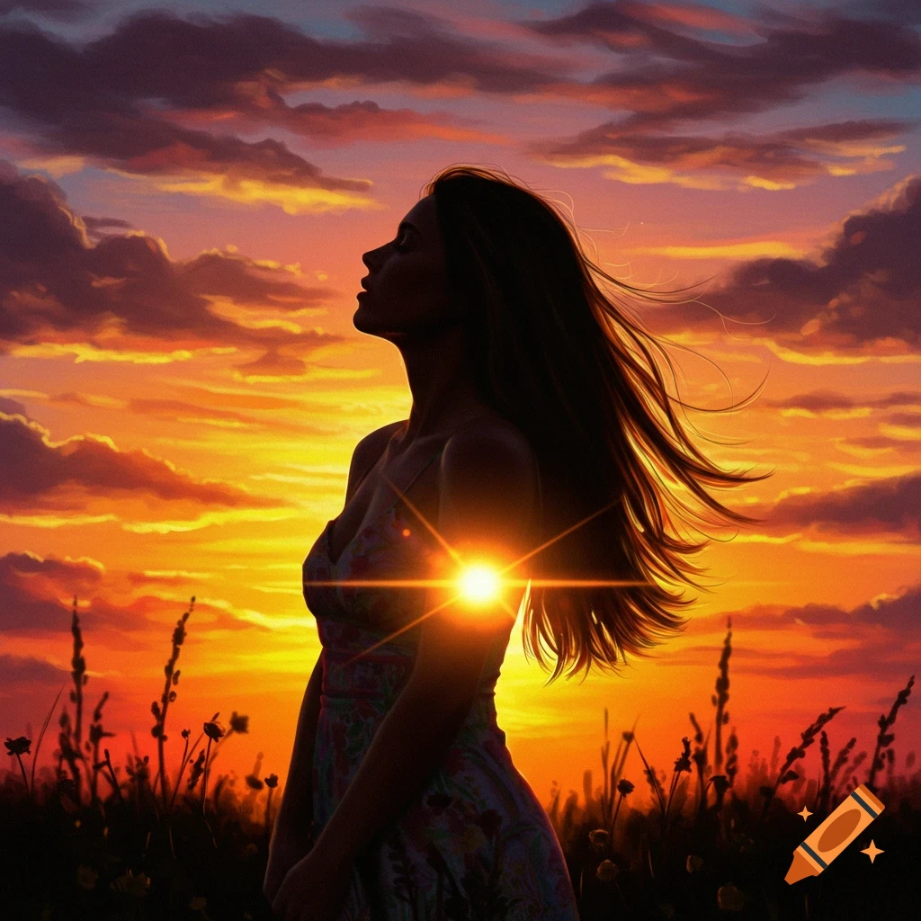 Silhouette of a woman standing in a field against a vibrant sunset, digital art