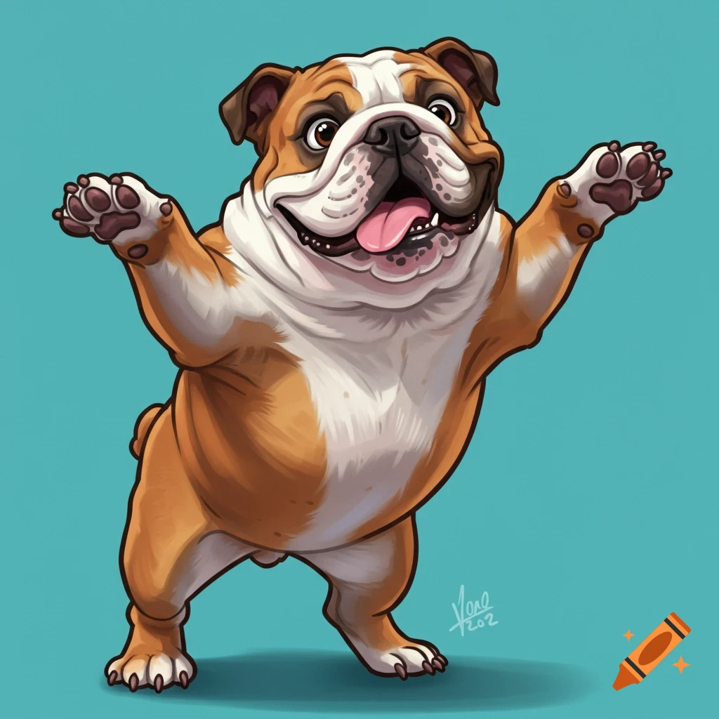 Cartoon bulldog standing on hind legs with arms open wide, smiling, on a teal background