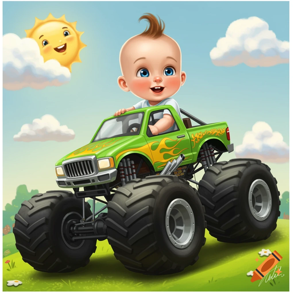 Cartoon illustration of a baby driving a green monster truck on a grassy hill under a smiling sun.