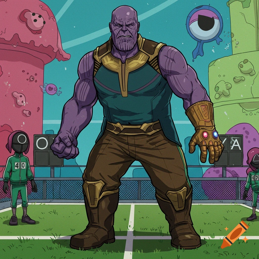 Thanos on a field with Squid Game characters and abstract structures.