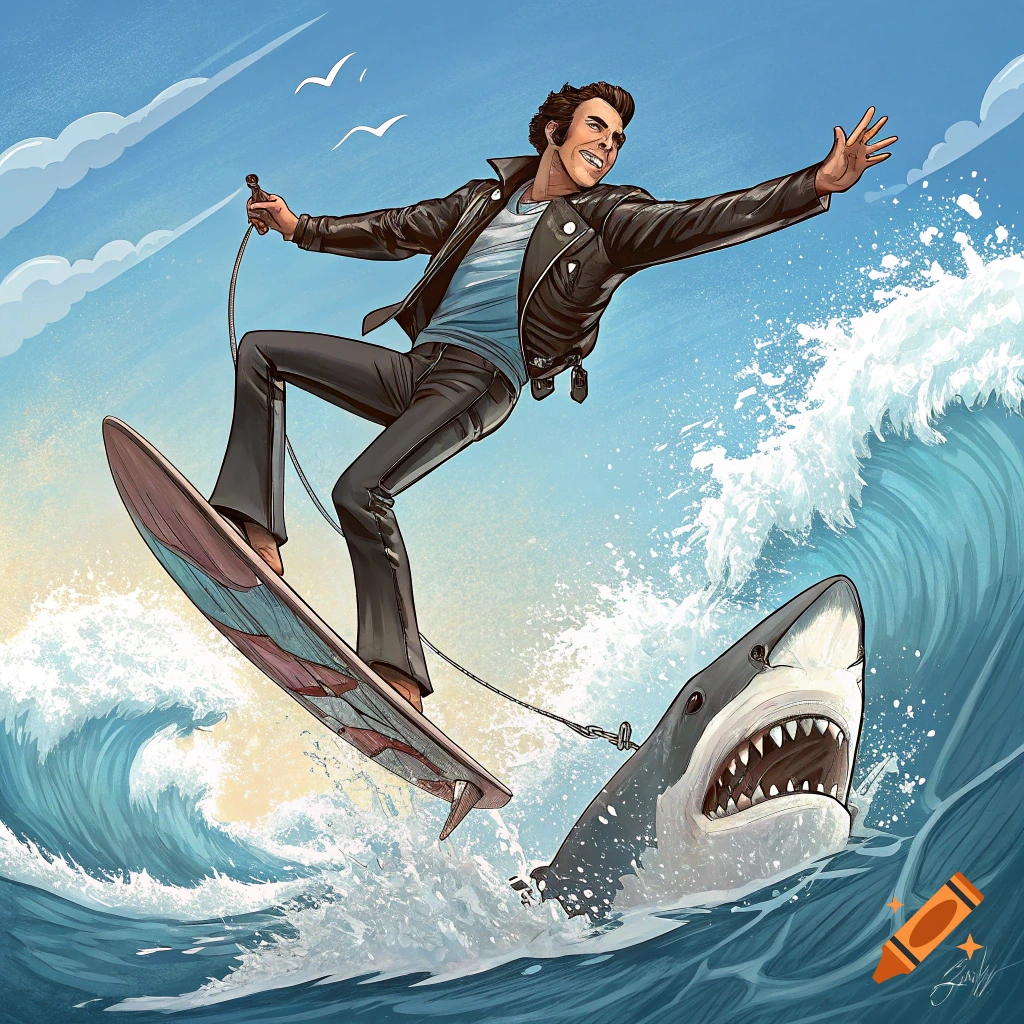 Cartoon illustration of a person in a leather jacket surfing on a shark in a large wave.