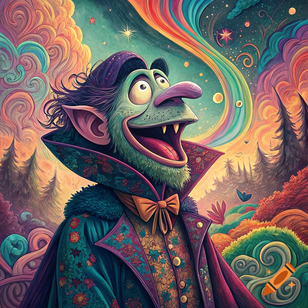 Cartoon monster resembling Count von Count in colorful coat in a psychedelic landscape with rainbow stream.