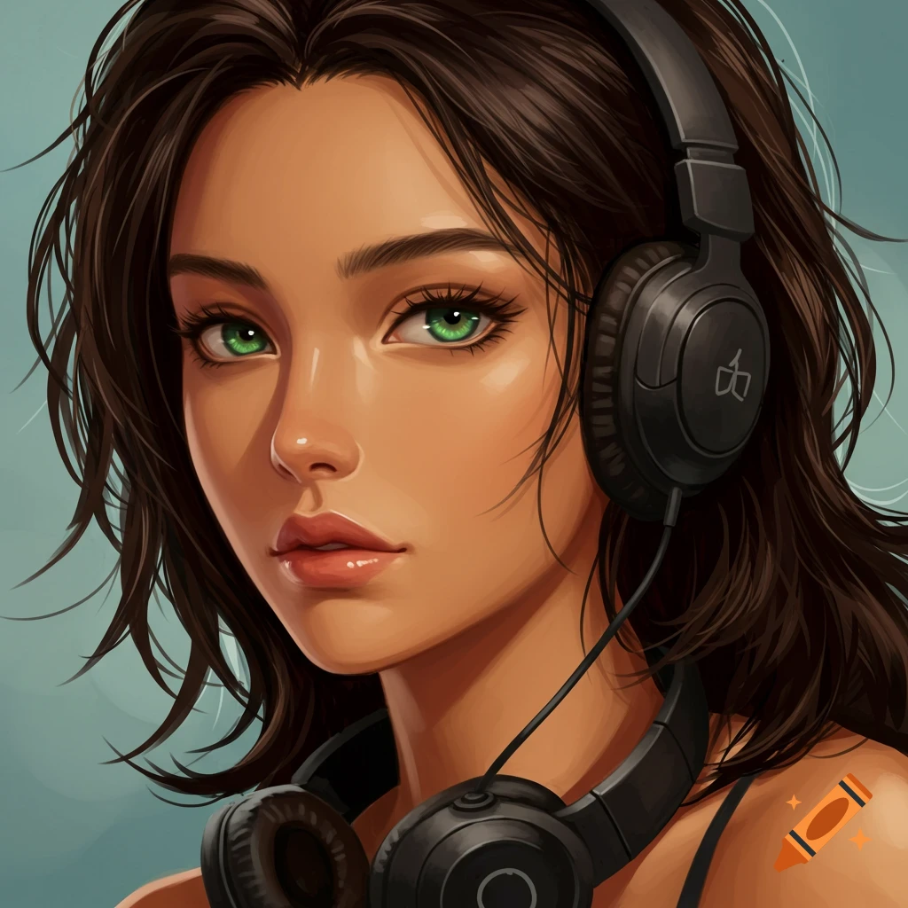 Manga style portrait of a tan woman with green eyes and dark hair wearing headphones.